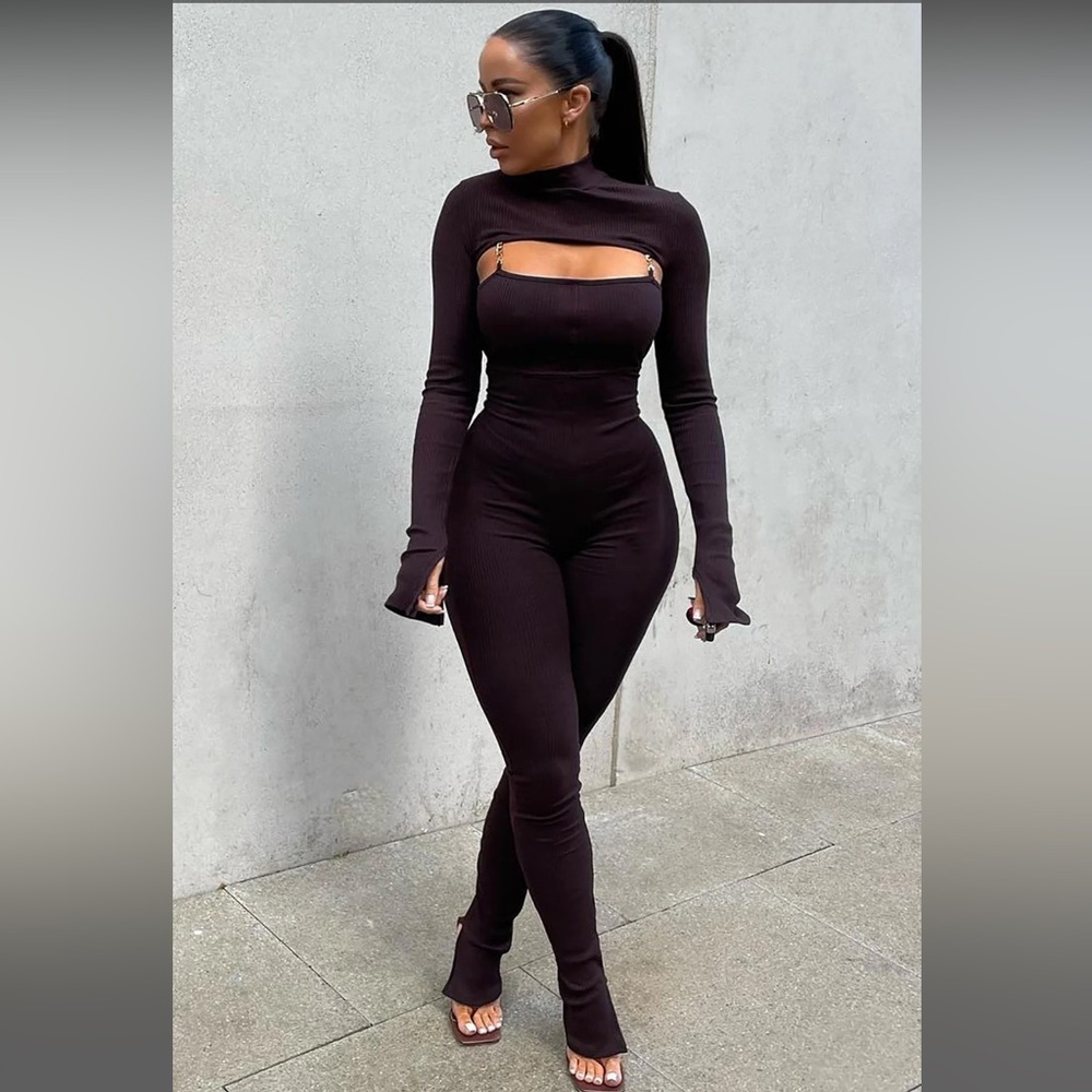 Fashion Nova Brown Ribbed Jumpsuit Set